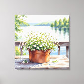 Bloemen in koperen pot op Lakehouse Deck Canvas Afdruk (Voorkant)