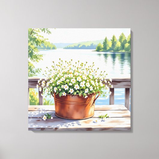 Bloemen in koperen pot op Lakehouse Deck Canvas Afdruk (Voorkant)