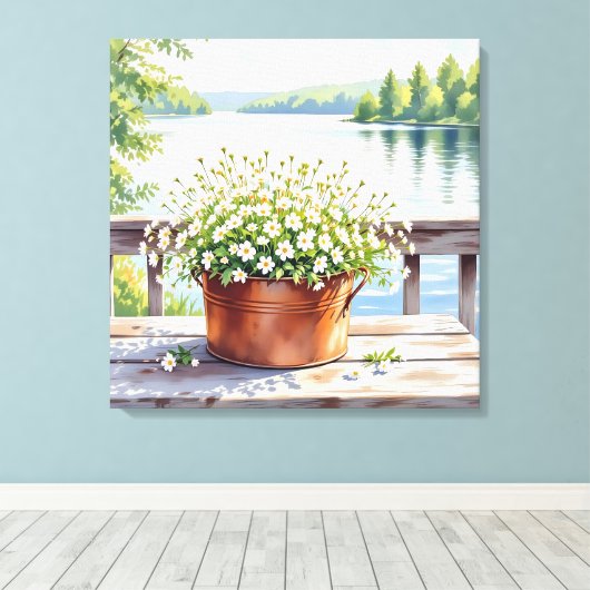 Bloemen in koperen pot op Lakehouse Deck Canvas Afdruk (Insitu (Houten vloer))