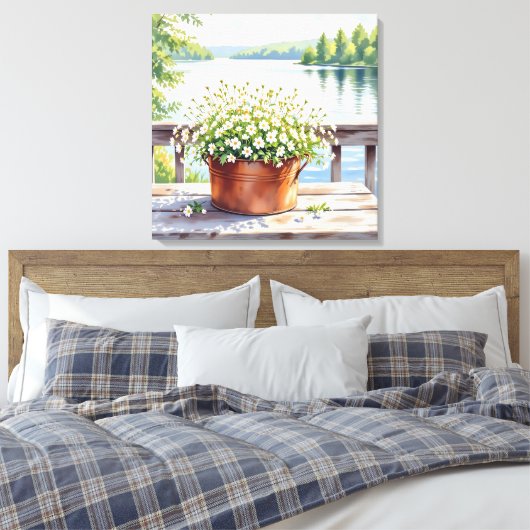 Bloemen in koperen pot op Lakehouse Deck Canvas Afdruk (Insitu (Slaapkamer))