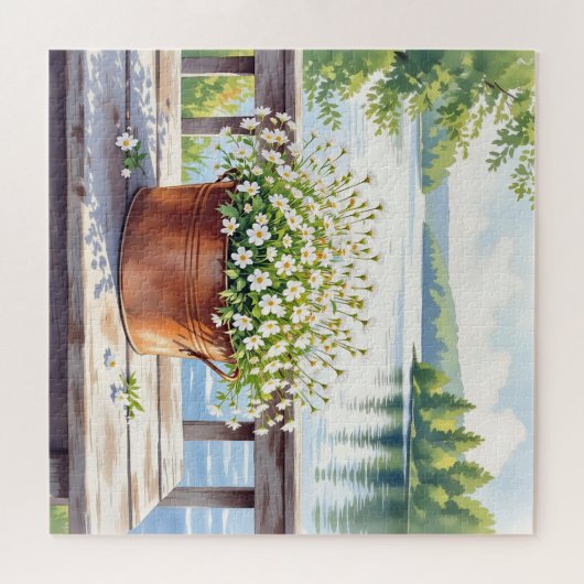Bloemen in koperen pot op Lakehouse Deck Legpuzzel (Horizontaal)
