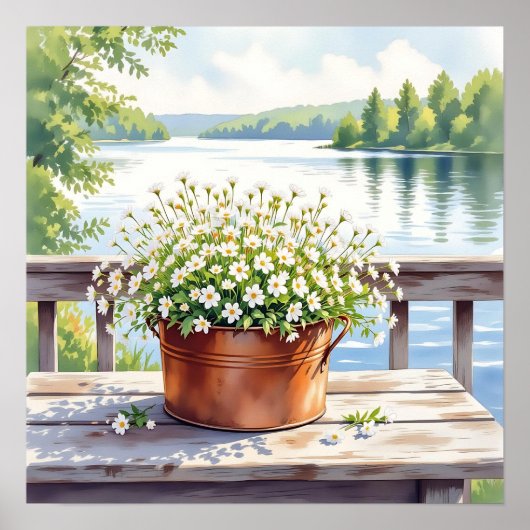 Bloemen in koperen pot op Lakehouse Deck Poster (Voorkant)