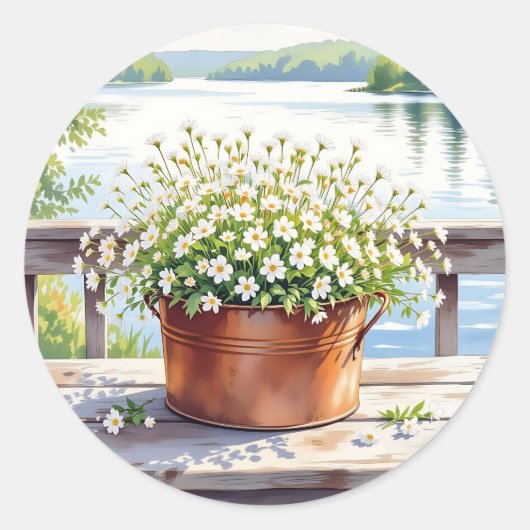 Bloemen in koperen pot op Lakehouse Deck Ronde Sticker (Voorkant)