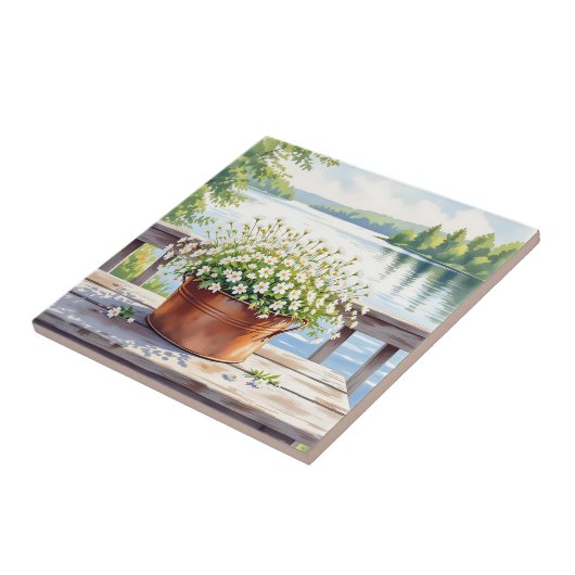 Bloemen in koperen pot op Lakehouse Deck Tegeltje (Zijkant)