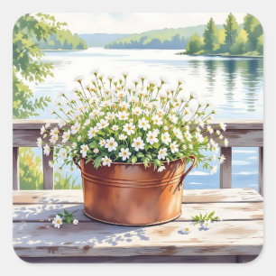 Bloemen in koperen pot op Lakehouse Deck Vierkante Sticker