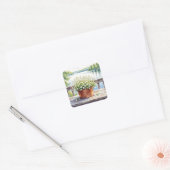 Bloemen in koperen pot op Lakehouse Deck Vierkante Sticker (Envelop)