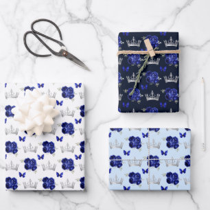 Bloemen in marineblauw en zilveren kronen inpakpapier vel