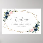Bloemen in marineblauw, roze bloemen, bruids welko poster (Voorkant)