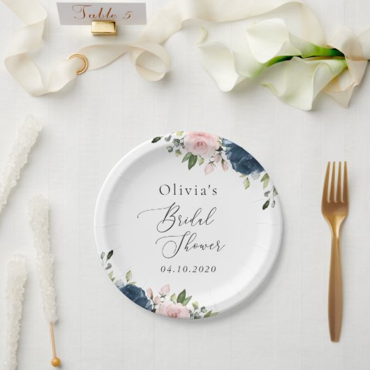 Bloemen in marineblauw, roze bloemen, huwelijksfee papieren bordje (Huwelijk)