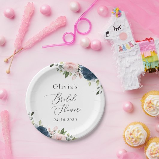 Bloemen in marineblauw, roze bloemen, huwelijksfee papieren bordje (Feest)