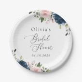 Bloemen in marineblauw, roze bloemen, huwelijksfee papieren bordje (Voorkant)