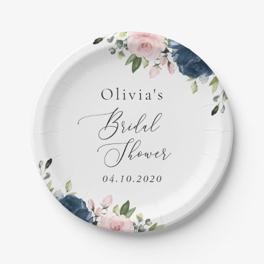 Bloemen in marineblauw, roze bloemen, huwelijksfee papieren bordje (Voorkant)