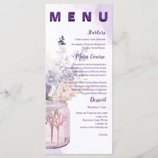 Bloemen in Mason Jar Paarse Bloemen Huwelijksfeest Menu (Voorkant)