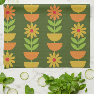 Bloemen in mid-mod stijl met geometrische halve ci theedoek