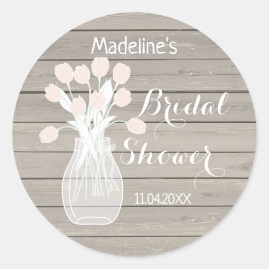 Bloemen in pot op houten bruidsdouche ronde sticker (Voorkant)