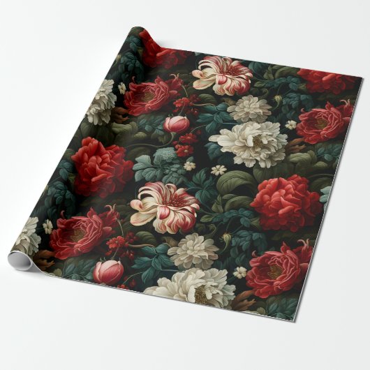  Bloemen in Red & Cream Decoupage Cadeaupapier (Uitgerold)