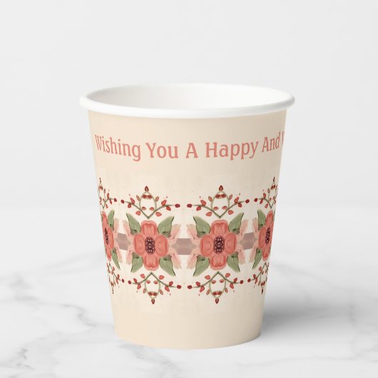 Bloemen in roestige rode perzik met roze papieren bekers (Voorkant)