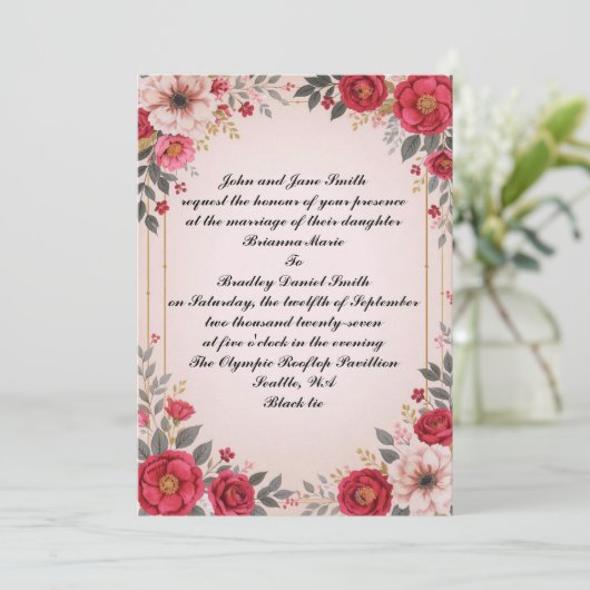 Bloemen in roze bruiloft kaart (Staand voorkant)