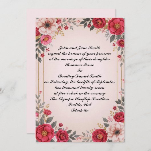 Bloemen in roze bruiloft kaart (Voorkant / Achterkant)