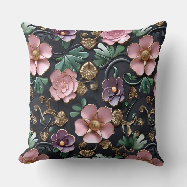 Bloemen in roze en Paarse set op zwarte achtergron Kussen (Voorkant)