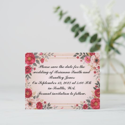 Bloemen in Roze Trouwen Save the Date Uitnodiging Briefkaart (Staand voorkant)