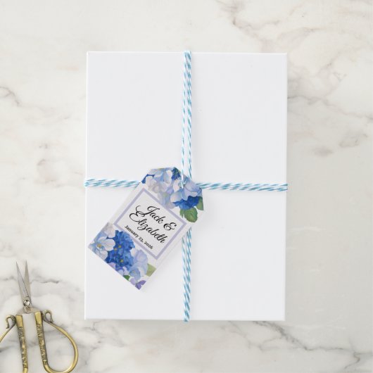 Bloemen in tinten blauw cadeaulabel (Met Touw)