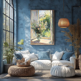 Bloemen in vaas door zonovergoten raam - Impressio Poster