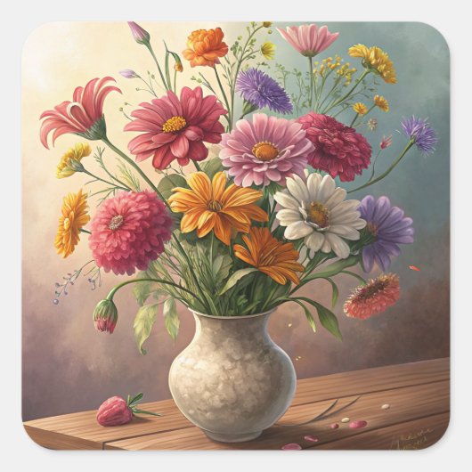 Bloemen in vaas vierkante sticker (Voorkant)