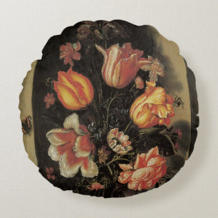 Bloemen in vaas, vintage barokke bloemstilleven rond kussen