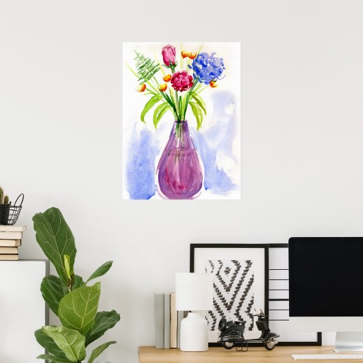 Bloemen in Vase Waterverf Canvas Print (Thuiskantoor)
