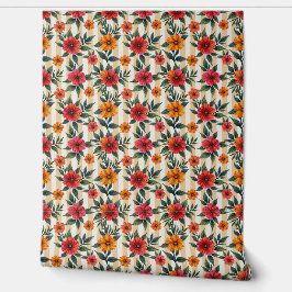 Bloemen in zonsondergang kleuren en tan strepen behang