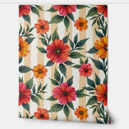 Bloemen in zonsondergang kleuren op tan strepen behang