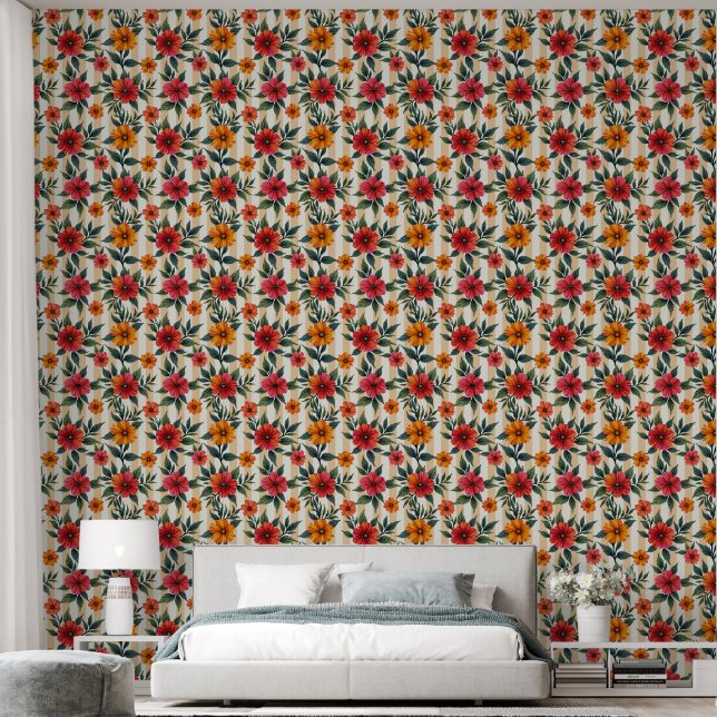 Bloemen in zonsondergang kleuren op tan strepen behang (Slaapkamer)