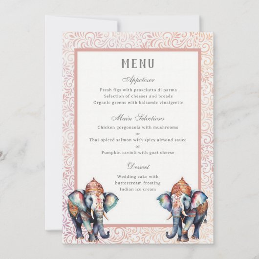 Bloemen Indiaas Bruiloft Olifant Receptie Menu Kaa Kaart (Voorkant)