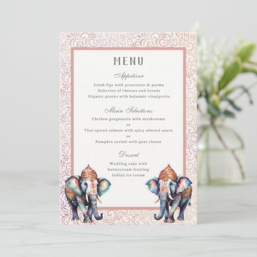 Bloemen Indiaas Bruiloft Olifant Receptie Menu Kaa Kaart (Staand voorkant)