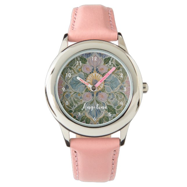 Bloemen Kaleidoscoop gepersonaliseerd Horloge (Voorkant)