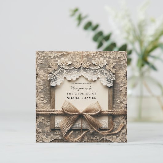  Bloemen Kant Burlap Bow Rustieke Bruiloft Kaart (Staand voorkant)