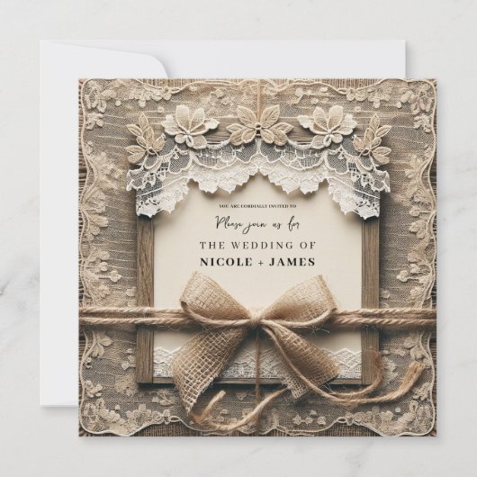  Bloemen Kant Burlap Bow Rustieke Bruiloft Kaart (Voorkant)