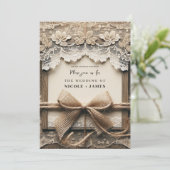  Bloemen Kant Burlap Bow Rustieke Bruiloft Kaart (Staand voorkant)