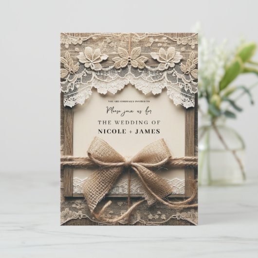  Bloemen Kant Burlap Bow Rustieke Bruiloft Kaart (Staand voorkant)