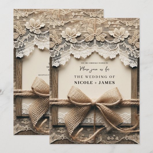  Bloemen Kant Burlap Bow Rustieke Bruiloft Kaart (Voorkant / Achterkant)