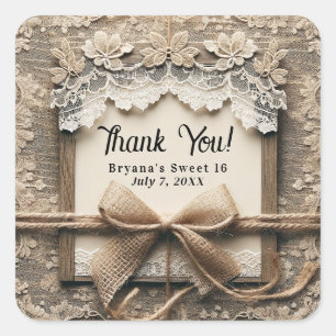  Bloemen Kant Burlap Bow Sweet 16 Verjaardag Vierkante Sticker