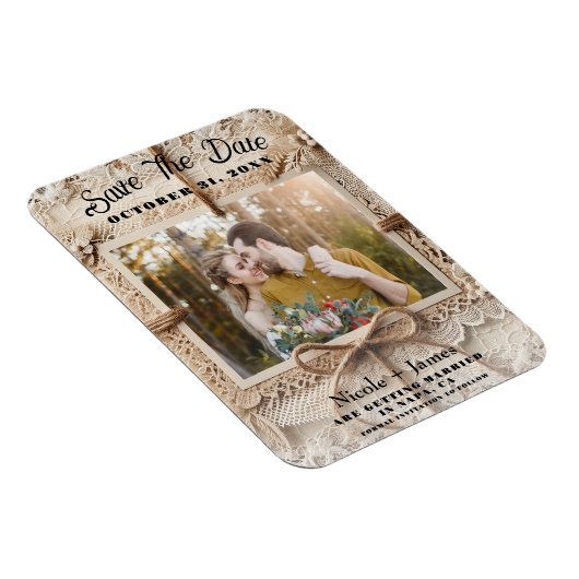 Bloemen Kant Burlap Rustic Save the Date Magneet (Rechterzijde)
