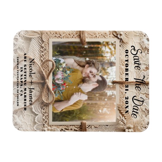 Bloemen Kant Burlap Rustic Save the Date Magneet (Horizontaal)