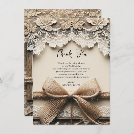 Bloemen Kant Burlap Rustiek Dank u Kaart (Voorkant / Achterkant)