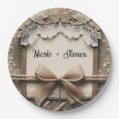  Bloemen Kant Burlap Rustieke Bruiloft Papieren Bordje (Voorkant)
