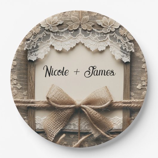  Bloemen Kant Burlap Rustieke Bruiloft Papieren Bordje (Voorkant)