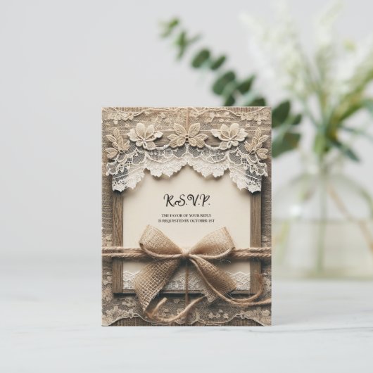 Bloemen Kant Burlap Rustieke Bruiloft RSVP Kaart (Staand voorkant)