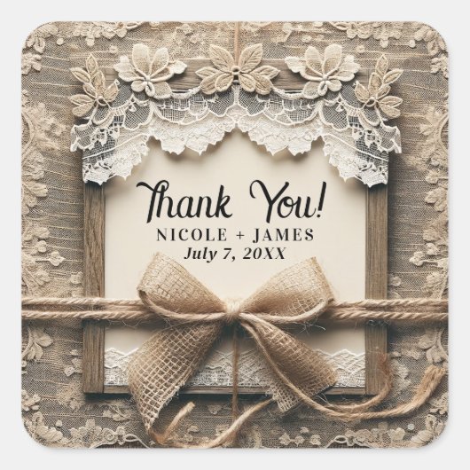  Bloemen Kant Burlap Rustieke Bruiloft Vierkante Sticker (Voorkant)