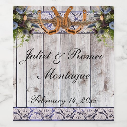 Bloemen, Kant & Hoefijzers, Blauw lint 2 Wijn Etiket (Enkel label)